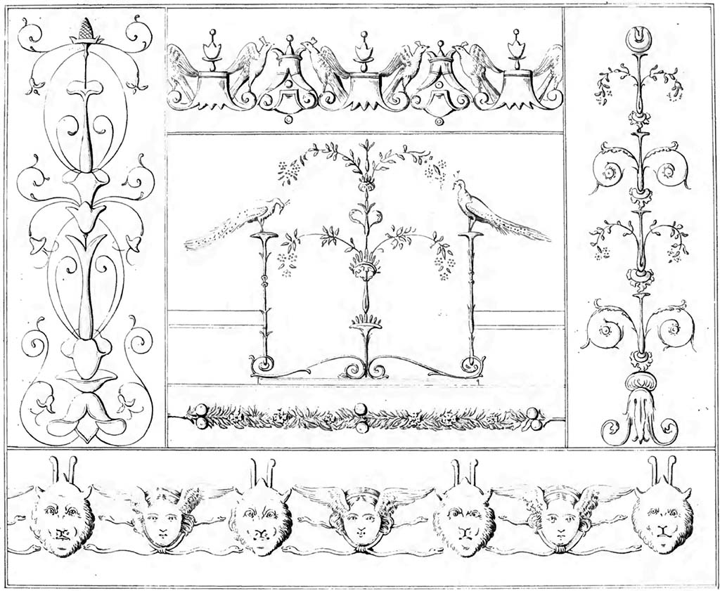 VI.17.9-11 Pompeii. Pre-1843. Drawing of several wall decorations by Abbate.
These may or may not be from this house but look very similar.
See Raccolta de più interessante Dipinture e di più belle Musaici rinvenuti negli Scavi di Ercolano, di Pompei, e di Stabia. 1843. Napoli.
According to Guidobaldi and Esposito -
“The drawing of the “candelabra” on the left, is from the Villa of the Royal Stables at Portici.”
Original now in Naples Archaeological Museum, inventory number: 9762.
See Guidobaldi, M.P. and Esposito, D. (2013). Herculaneum, Art of a Buried City. Abbeville Press, New York, (p. 124).
(This has also been copied to VI.17.10, and to Via Consolare.)