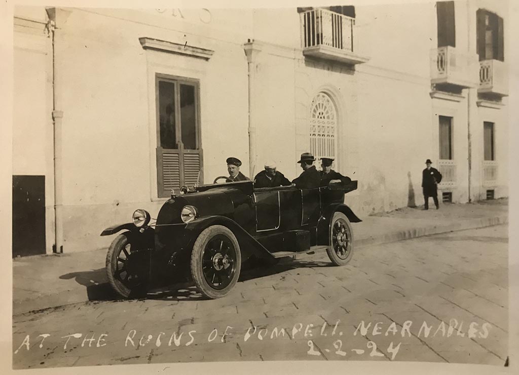 Pompeii, 2nd February 1924. 
Photo taken at the ruins of Pompeii, unspecified location. The motor car is actually outside the Hotel Suisse. Photo courtesy of Rick Bauer.