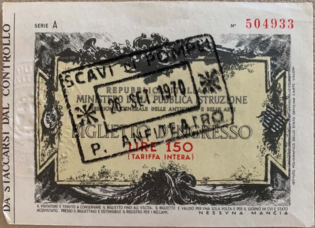Pompeii, “Series A” ticket, (150 lire), dated 20th September 1970.
Photo courtesy of Rick Bauer.