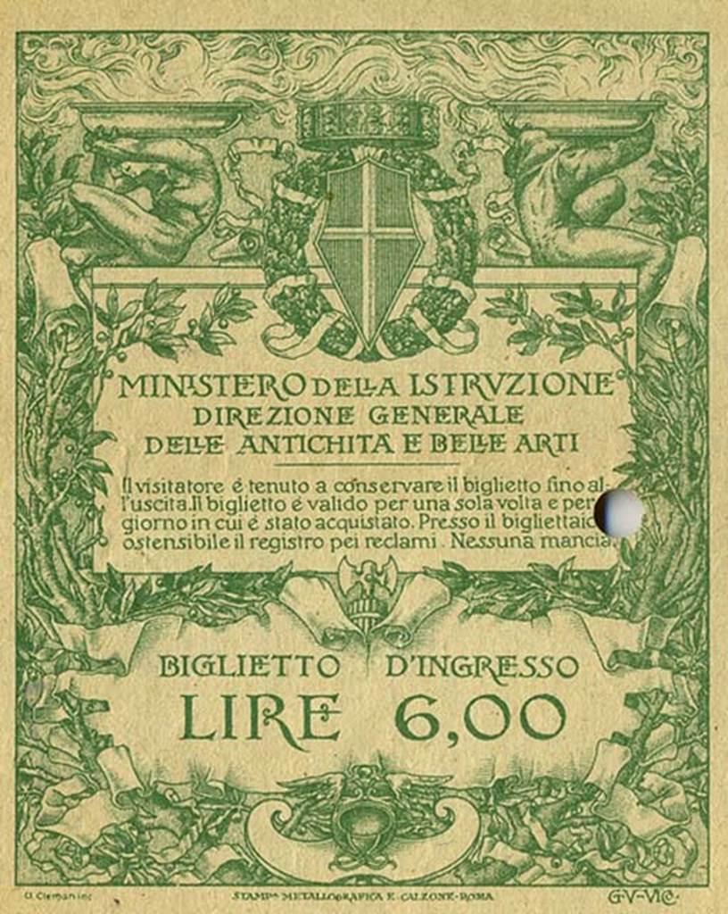 Pompeii entrance ticket dated 5 Aug 1924 on the rear. 
Entry fee was 6 Lire, a significant increase from the 2.50 Lire of the 1920 ticket.
Photo courtesy of Rick Bauer.