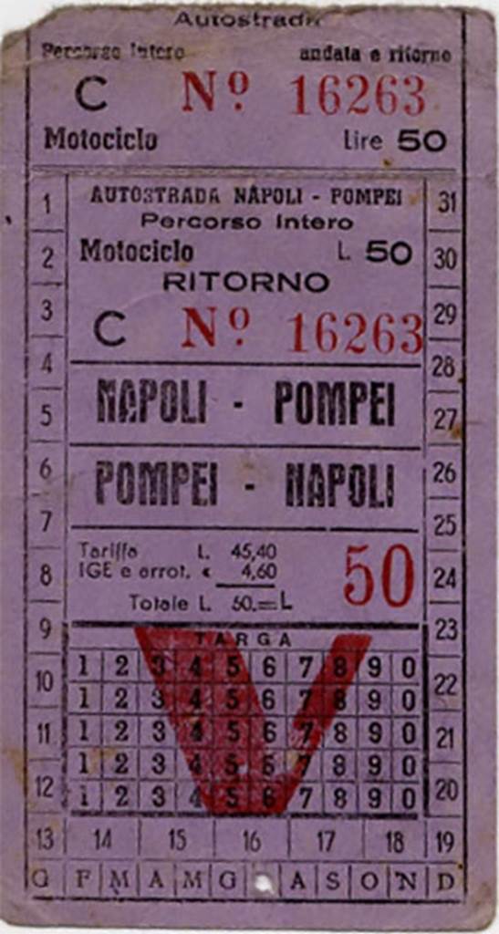 Autostrada Napoli - Pompei return ticket for a motorcycle dated July 1952. 
The cost was 50 Lire, of which 4.6 Lire was IGE.
The “Imposta Generale sulle Entrate” or “general tax on revenue” was introduced in 1940 and superseded by VAT in 1973.