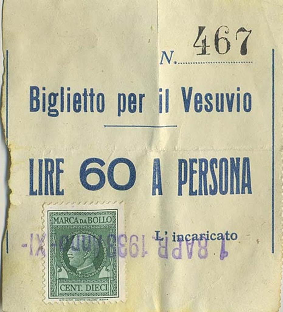 1938 ticket for Vesuvius. Photo courtesy of Rick Bauer.