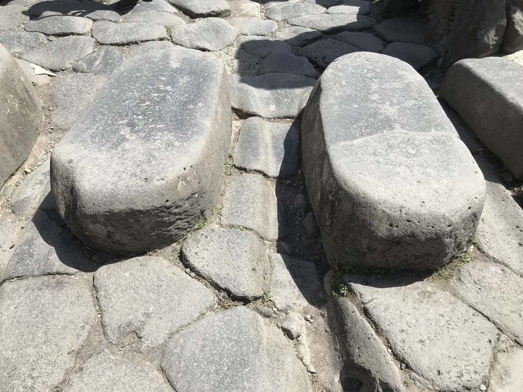 Via Stabiana, Pompeii. April 2019. Detail of two lava-block stepping stones across Via Stabiana. 
Photo courtesy of Rick Bauer.