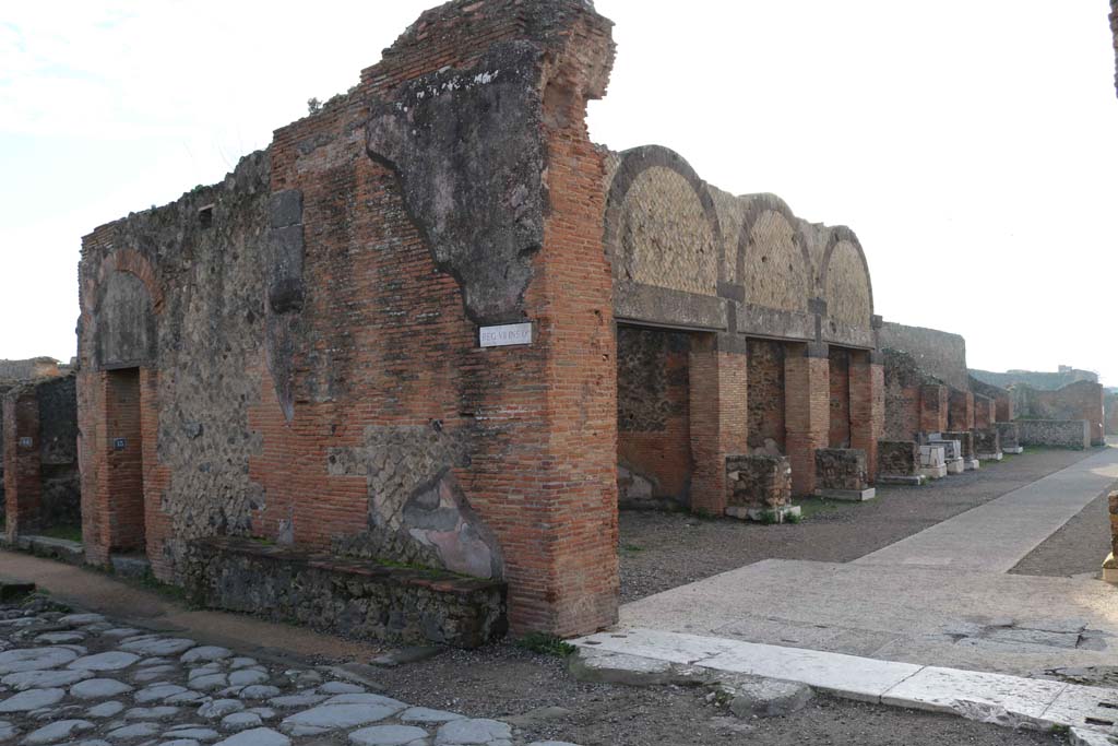 Via degli Augustali, Pompeii, on left. December 2018. 
Looking south-east, with junction with the Forum, on right. Photo courtesy of Aude Durand.