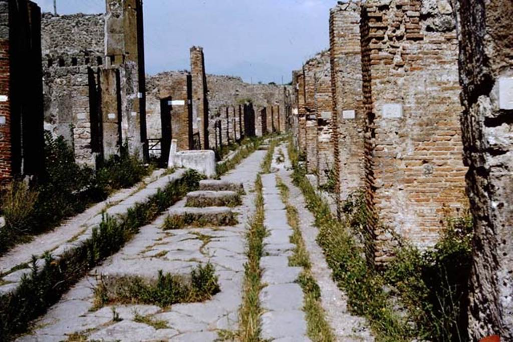 Via degli Augustali. Pompeii. 1964. Looking east from outside VII.9. 23. Photo by Stanley A. Jashemski.
Source: The Wilhelmina and Stanley A. Jashemski archive in the University of Maryland Library, Special Collections (See collection page) and made available under the Creative Commons Attribution-Non Commercial License v.4. See Licence and use details.
J64f1317