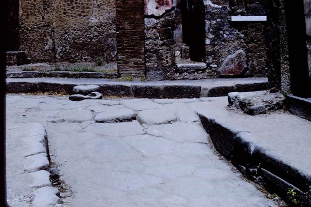 Via degli Augustali, north side (left to right in photo). Pompeii. 1966. Looking north to junction from Vicolo del Lupanare.   Photo by Stanley A. Jashemski.
Source: The Wilhelmina and Stanley A. Jashemski archive in the University of Maryland Library, Special Collections (See collection page) and made available under the Creative Commons Attribution-Non Commercial License v.4. See Licence and use details.
J66f0475