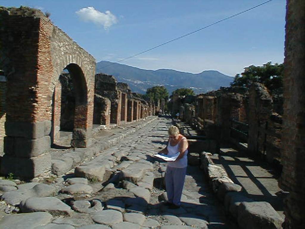 Via Stabiana between IX.2 and VII.1. September 2004. Looking south from crossroads with Via degli Augustali (on right) and unnamed vicolo (on left). 
.