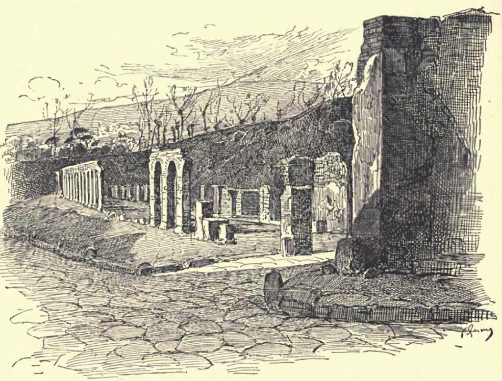 Via dei Sepolcri, east side. Drawing, c.1899, of street and colonnade. 
See Gusman P., 1900. Pompeii: The City, Its Life & Art. London: Heinemann, p. 224.