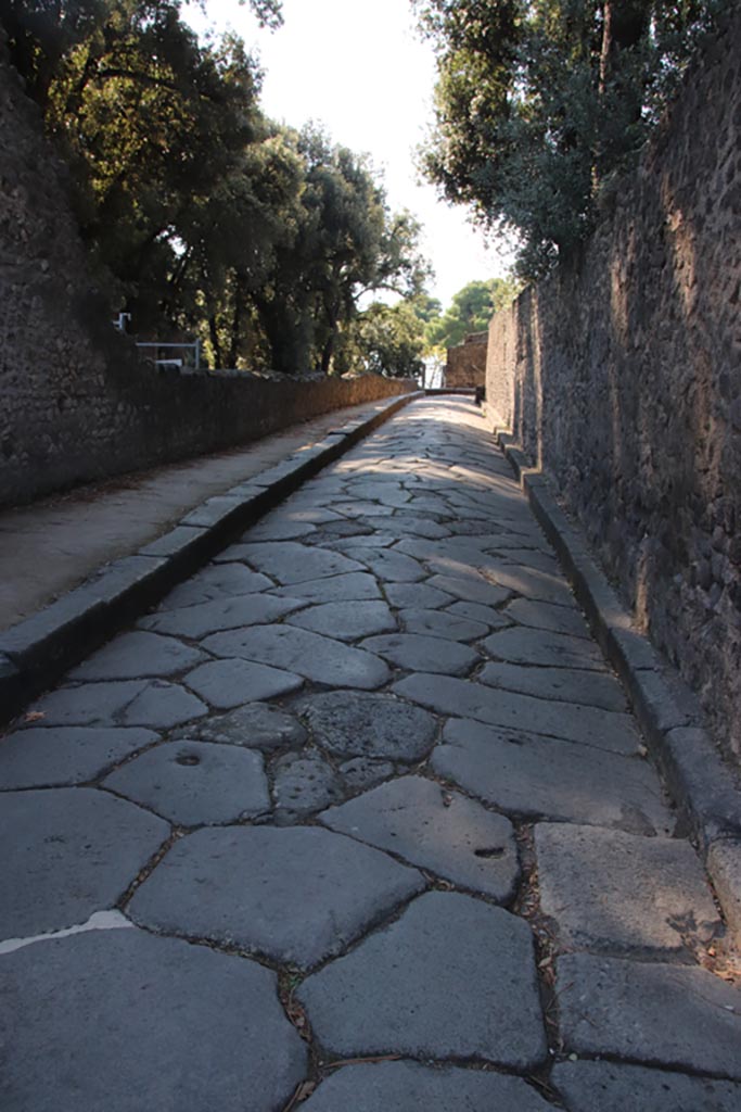 Via dei Teatri between VIII.7 and VIII.6. October 2022. 
Looking south. Photo courtesy of Klaus Heese.