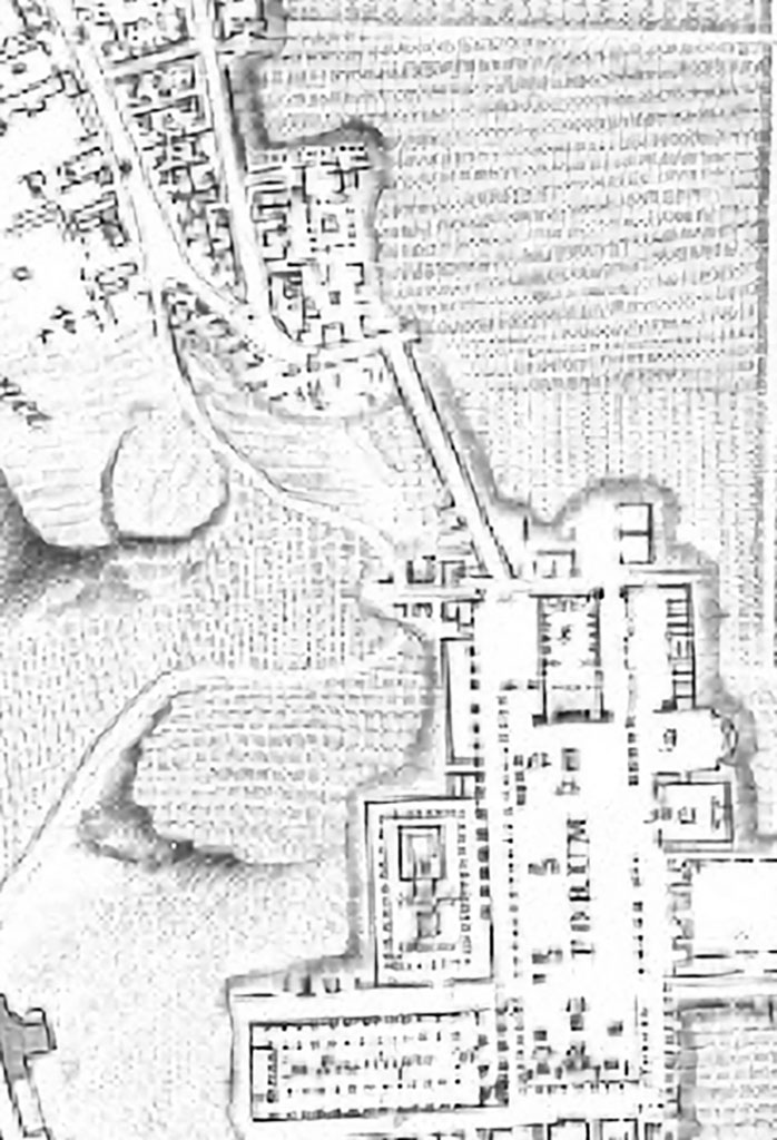 Plan of Forum area, c.1819, drawn by H. Wilkins.
VI.6.1, Pansa’ House is shown at the top of the straight roadway leading down towards the Forum.
This would seem to show that the way between the north end of the Forum and Pansa’s House (as mentioned in the Gell drawings above) would have been along the line of the (present) Vicolo delle Terme. 
Perhaps the drawings were from the north side of Vicolo dei Soprastanti (VII.5.14-17) or as already mentioned from VII.6.14/15.  
Only a small section of the Via del Foro on the north-east side of the Forum would appear to have been excavated, as yet.
See Wilkins H, 1819. Suite de Vues Pittoresques des Ruines de Pompei, Rome, p.5, Pl. II.