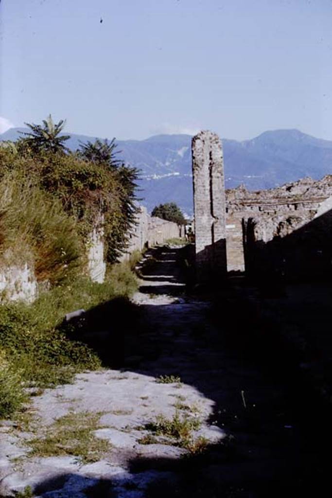 Via del Vesuvio, Pompeii. 1968. Looking south to crossroads from between V.6 and VI.16.
Photo by Stanley A. Jashemski.
Source: The Wilhelmina and Stanley A. Jashemski archive in the University of Maryland Library, Special Collections (See collection page) and made available under the Creative Commons Attribution-Non Commercial License v.4. See Licence and use details.
J68f0073