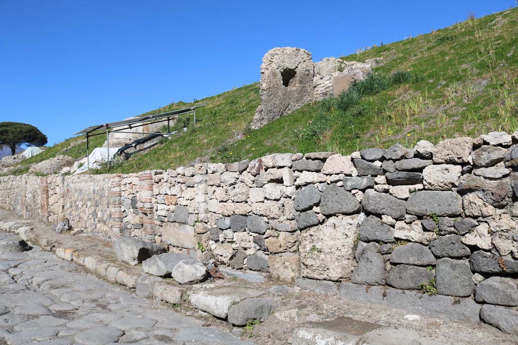 Via del Vesuvio, Pompeii. December 2018. 
Looking north along east side of roadway, with wide threshold of doorway to V.6.2, on right. Photo courtesy of Aude Durand.