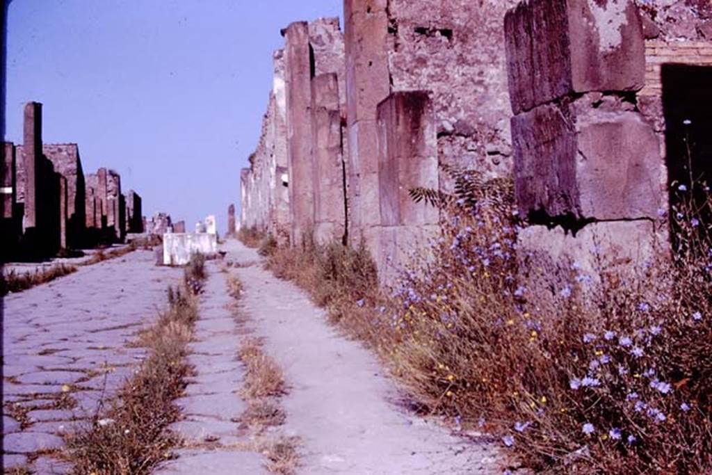 Via dell’Abbondanza, Pompeii. 1966. Looking west towards fountain and junction with with Vicolo di Eumachia, from VII.13.6. Photo by Stanley A. Jashemski.
Source: The Wilhelmina and Stanley A. Jashemski archive in the University of Maryland Library, Special Collections (See collection page) and made available under the Creative Commons Attribution-Non Commercial License v.4. See Licence and use details.
J66f0534