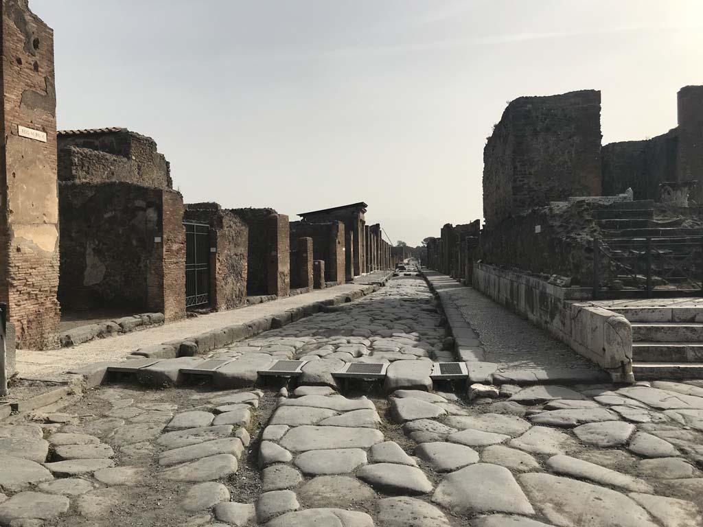 Via della Fortuna, Pompeii, looking east straight ahead, with Via di Mercurio (on left) and Via del Foro (on right).  
April 2019. Photo courtesy of Rick Bauer.