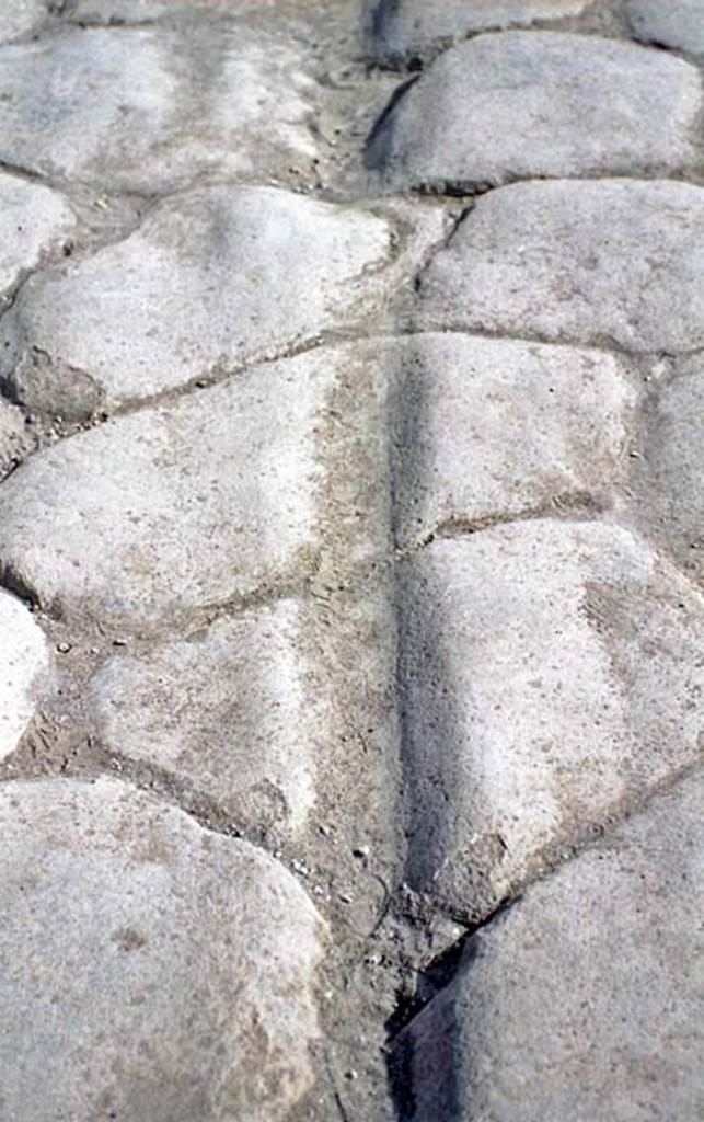 Via della Fortuna, Pompeii. October 2001. Detail of ruts in the roadway.  Photo courtesy of Peter Woods.