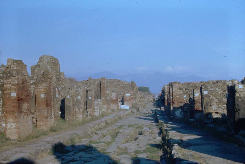 Via della Fortuna, Pompeii, 4th December 1971. Looking east between VI.14 and VII.3 towards Via Nola, ahead.
Photo courtesy of Rick Bauer, from Dr.George Fay’s slides collection.