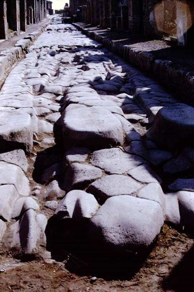 Via della Fortuna. Pompeii. 1968. Looking west towards stepping stones in via near fountain. 
Photo by Stanley A. Jashemski.
Source: The Wilhelmina and Stanley A. Jashemski archive in the University of Maryland Library, Special Collections (See collection page) and made available under the Creative Commons Attribution-Non Commercial License v.4. See Licence and use details.
J68f0067