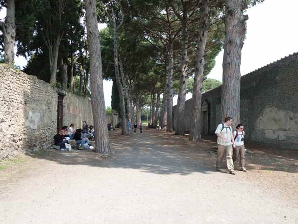 Via di Castricio, May 2010. Looking east between II.2 and II.7. Along the north wall of the Palestra, on the right in this picture, many graffiti (not now visible) were found. See Varone, A. and Stefani, G., 2009. Titulorum Pictorum Pompeianorum, Rome: L’erma di Bretschneider.  (p. 222-4).