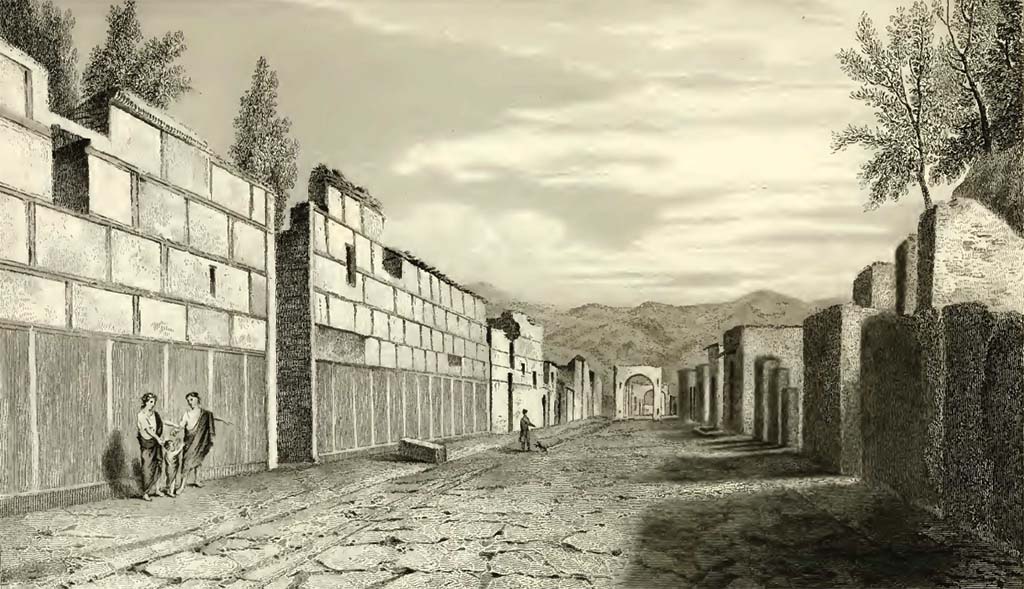 Via di Mercurio, Pompeii. Looking south c. 1830. Drawing by Gell.
See Gell, W, 1832.  Pompeiana: Vol 2.  London: Jennings and Chaplin, p. 8, pl. LXI.