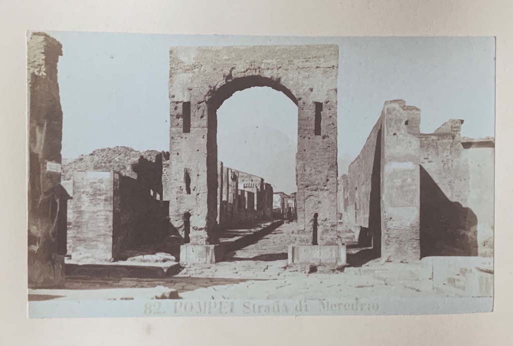 Via Mercurio, Pompeii. From an Album dated 1882. Looking north through the Arch at south end of Via Mercurio. 
Photo courtesy of Rick Bauer.