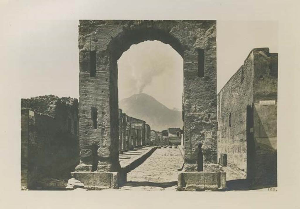 Via di Mercurio at the south end between VI.8 and VI.10. c.1879. Photograph by Sommer, numbered 198. Looking north through arch. Photo courtesy of Rick  Bauer.
