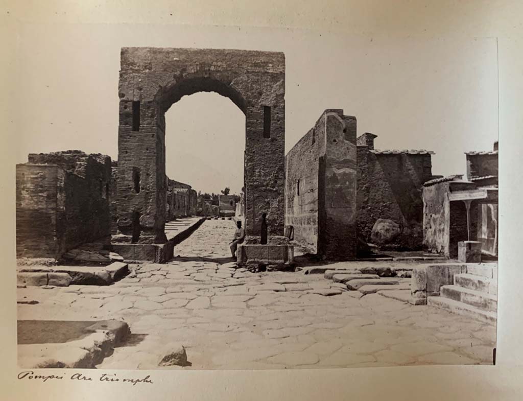 Via di Mercurio at the south end between VI.8 and VI.10. From an album dated April 1878. 
Photograph by M. Amodio. Looking north through arch. Photo courtesy of Rick Bauer.