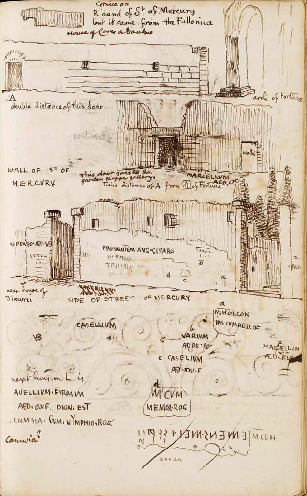 Via di Mercurio, Pompeii. Drawing by Gell c.1830 of sequence of wall fronts at VI.10 with graffiti.
See Gell, W. Sketchbook of Pompeii, c.1830. 
See book from Van Der Poel Campanian Collection on Getty website http://hdl.handle.net/10020/2002m16b425