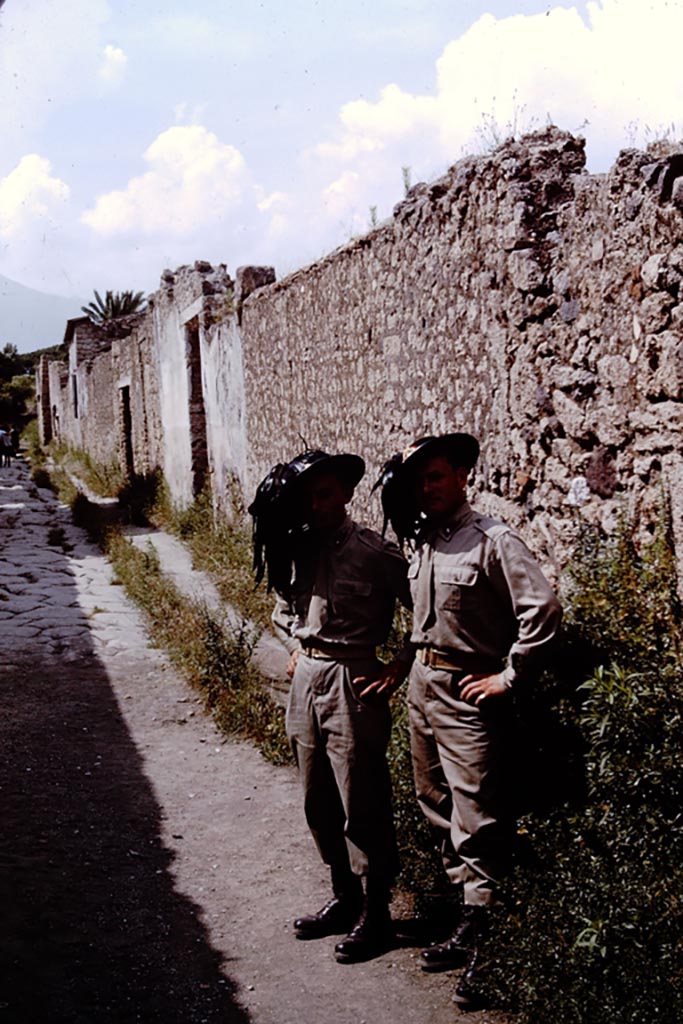 Via di Nocera, east side, Pompeii. 1964. 
Looking north from near doorway of II.1.10 with painted inscriptions. Photo by Stanley A. Jashemski.
Source: The Wilhelmina and Stanley A. Jashemski archive in the University of Maryland Library, Special Collections (See collection page) and made available under the Creative Commons Attribution-Non Commercial License v.4. See Licence and use details.
J64f1366