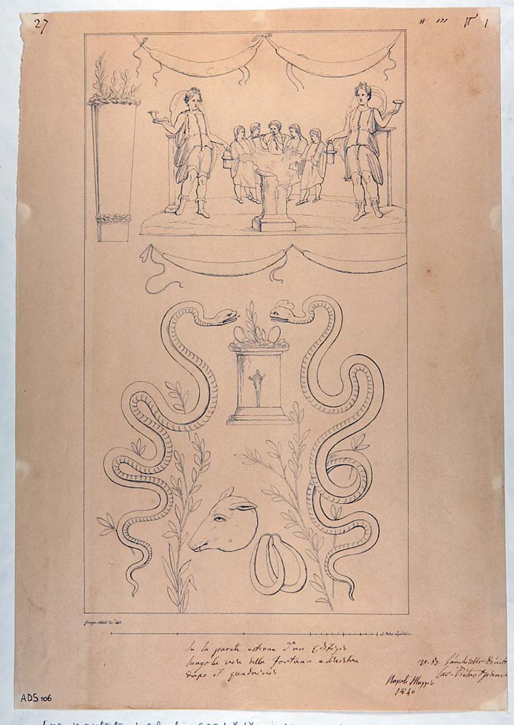 Via di Nola between V.1 and V.2. 1840 drawing by G. Abbate of Lararium painting, now disappeared.
Now in Naples Archaeological Museum. Inventory number ADS 106.
According to Fröhlich, this is from the façade of an unknown house between V.1 and V.2.
The drawing depicts a lararium composed of two parts; 
The upper presents five figures arranged in a semicircle behind a figurative altar: A Tibicen, two Vicomagistri, two Togati. 
At the sides of the scene there are two larger Lares, with Rhyton and Situla in their hands. 
Two festoons suspended above and a high kàlathos filled with plants placed at the left end frame the scene. 
In the lower register, double sized compared to the offering scene, you see the two snakes (agathodemons) crawl towards the altar topped with eggs and leaves, below which is a pig's head and two sausages hanging.
See Fröhlich, T., 1991. Lararien und Fassadenbilder in den Vesuvstädten. Mainz: von Zabern, F29.
According to Helbig it decorated an edifice located in the Regio V of Pompeii, along the Via di Nola.
See Helbig, W., 1868. Wandgemälde der vom Vesuv verschütteten Städte Campaniens. Leipzig: Breitkopf und Härtel, no. 42. 
According to the ICCD database, the note on the drawing dated Maggio 1840 says the painting decorated the outer wall of a building along the Via della Fortuna on the left after the crossroads (quadrivio).
Photo © ICCD. http://www.catalogo.beniculturali.it
Utilizzabili alle condizioni della licenza Attribuzione - Non commerciale - Condividi allo stesso modo 2.5 Italia (CC BY-NC-SA 2.5 IT)