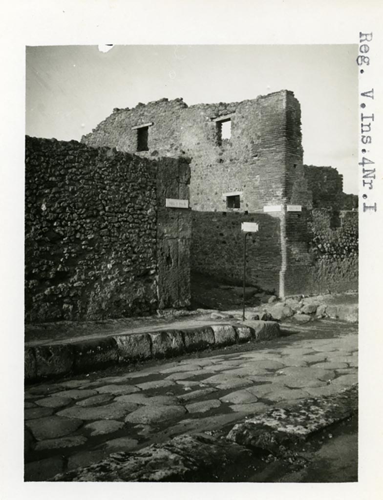 Via di Nola, north side, Pompeii. Pre-1937-39. 
Looking north-east towards east wall of Vicolo di Lucrezio Frontone, and bakery wall of V.4.1.
Photo courtesy of American Academy in Rome, Photographic Archive. Warsher collection no. 014.