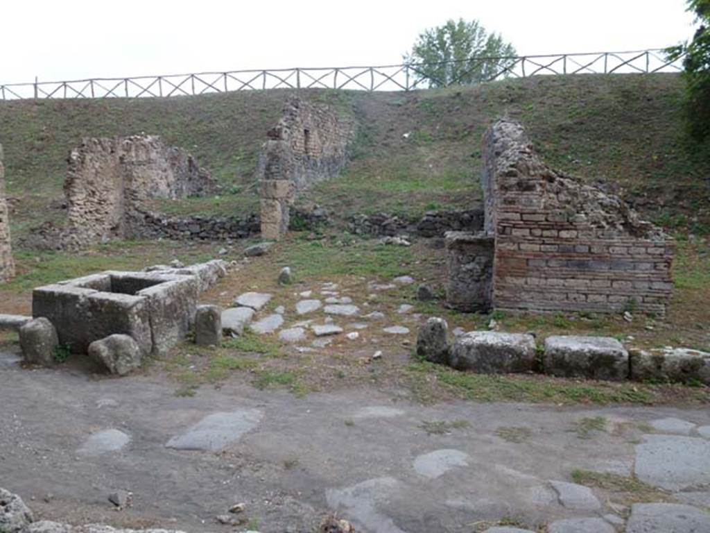 Via di Nola, south side, September 2011. Looking south towards III.11.1 on left, fountain, unexcavated vicolo, and III.10.6 on right. Photo courtesy of Michael Binns.