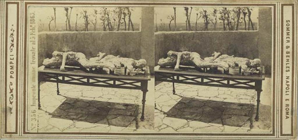 Vicolo degli Scheletri. Late 19th Century. Plaster cast of two human fugitives, numbers 2 and 3, found between Reg VII.11 and VII.14, on 3rd-5th February 1863. Photo courtesy of Rick Bauer.