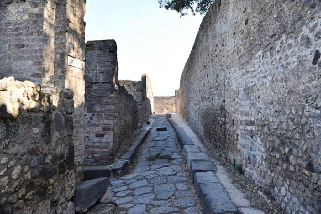 Vicolo dei Dodici Dei. April 2018. Looking south between VIII.5 and VIII.3. The junction with Vicolo della Parete Rossa, is seen on the left.
Photo courtesy of Ian Lycett-King. Use is subject to Creative Commons Attribution-NonCommercial License v.4 International.