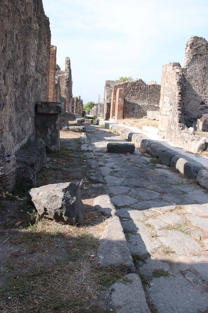 Vicolo dei Soprastanti, September 2021. 
Looking west between VII.7 and VII.6. Photo courtesy of Klaus Heese.