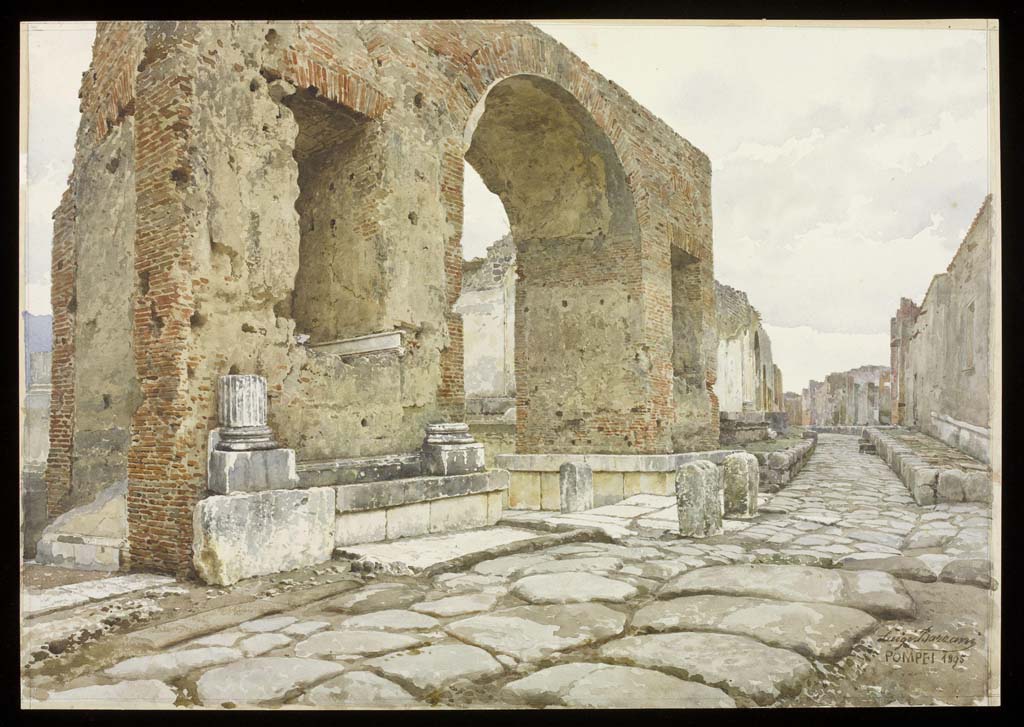 Vicolo dei Soprastanti, Pompeii. 1895. Watercolour by Luigi Bazzani. 
Looking towards the arch at the north-east corner of the Forum
Photo © Victoria and Albert Museum. Inventory number 1432-1901
(Note: this painting is described as view of the Triumphal Arch of Nero, in the Forum, Pompeii, signed 'Luigi Bazzani, Roma'.)
