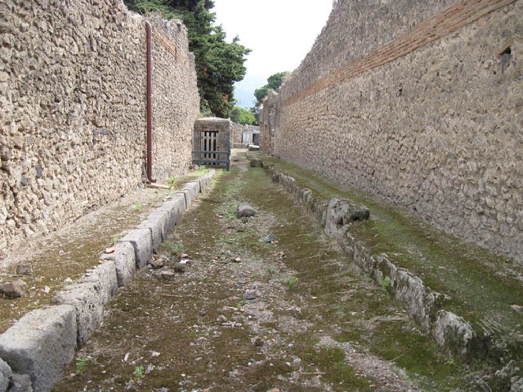 Pompeii. September 2010. Looking south along Vicolo del Citarista, between I.10 and side wall of I.3.24.  Photo courtesy of Drew Baker.