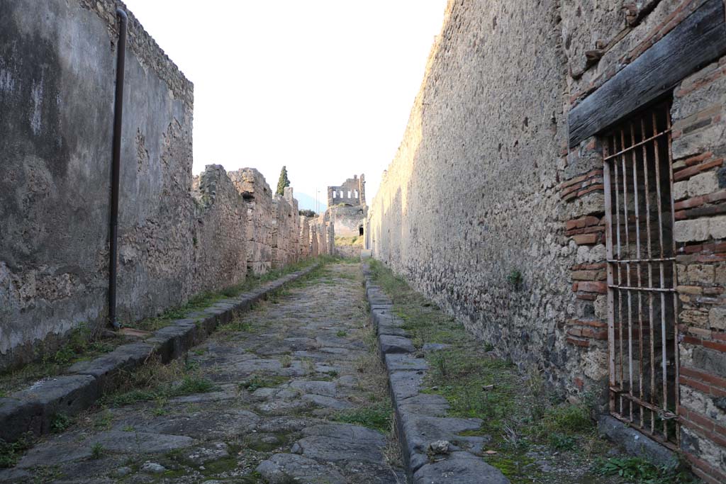 Vicolo del Labirinto, between VI.11 and VI.15. December 2018. 
Looking north, on the left, entrance doorways between VI.11.11 towards VI.11.20. On the right, entrance doorway of VI.15.26. 
Photo courtesy of Aude Durand.