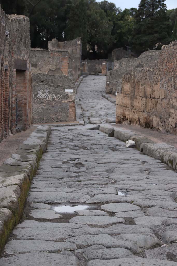 Vicolo del Menandro, Pompeii. October 2020. 
Looking west to junction with Via Stabiana, from between I.3 and I.4. 
On the other side of the junction is the Via del Tempio d’Iside.  Photo courtesy of Klaus Heese.
