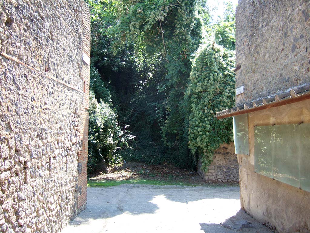 Vicolo dell’Efebo. September 2005. Looking south across junction with Via di Castricio to unexcavated vicolo between I.18 and I.19.
