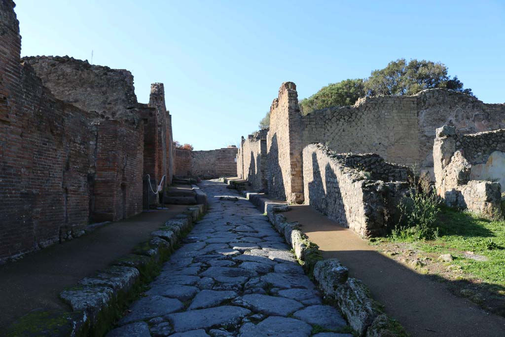 Vicolo della Regina, Pompeii. December 2018. 
Looking west between VIII.2, on left, and VIII.6.3, on right. Photo courtesy of Aude Durand.