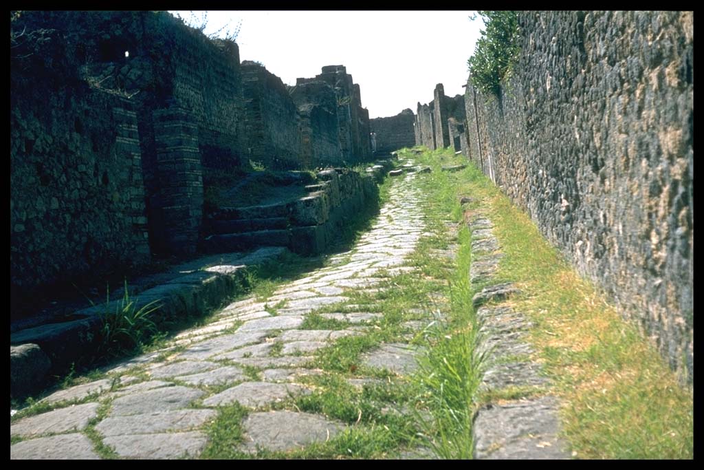 Vicolo della Regina between VIII.2 and VIII.6.  Looking west from VIII.2.38. 
Photographed 1970-79 by Günther Einhorn, picture courtesy of his son Ralf Einhorn.