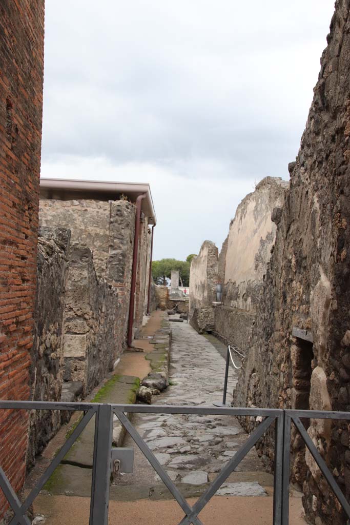 Vicolo di Championnet between VIII.2 and VIII.1. October 2020. 
Looking west from junction with south west corner of the Forum. Photo courtesy of Klaus Heese.