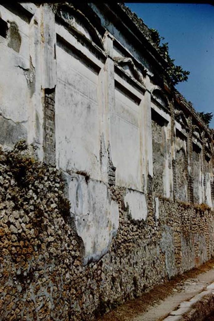 Vicolo di Eumachia, Pompeii. 1961. West side, looking north along the exterior rear wall of Eumachia’s Building.  Photo by Stanley A. Jashemski.
Source: The Wilhelmina and Stanley A. Jashemski archive in the University of Maryland Library, Special Collections (See collection page) and made available under the Creative Commons Attribution-Non Commercial License v.4. See Licence and use details.
J61f0793