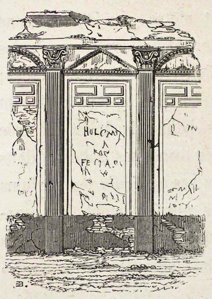 Vicolo di Eumachia, Pompeii. Pre-1855. 
Drawing by Breton showing detail of a wall of Eumachia’s building. 
Foto Taylor Lauritsen, ERC Grant 681269 DÉCOR.
See Breton, Ernest. 1855. Pompeia, decrite et dessine : Seconde édition. Paris, Baudry, p. 25.