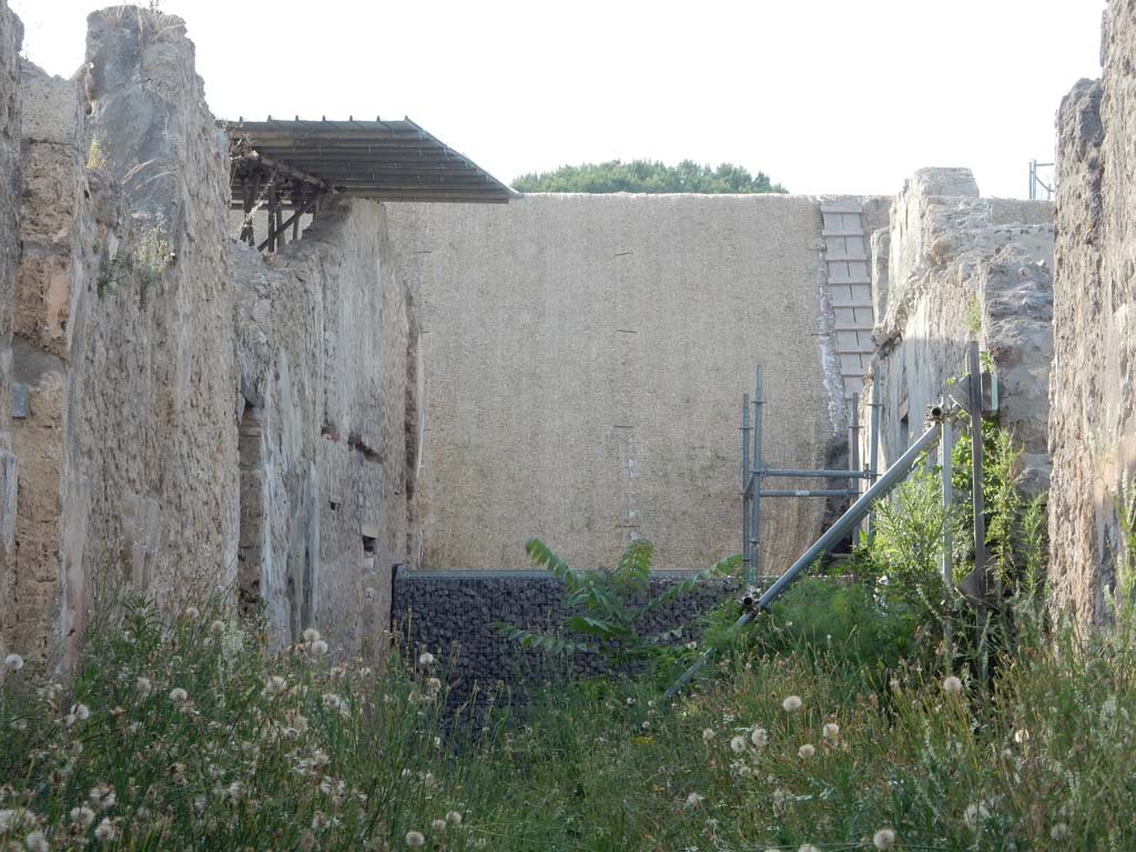 Vicolo di Lucrezio Frontone. June 2019. Looking north to new excavations between V.3 and V.4, at north end.
On the left are the doorways to V.3.11 and 12. On the right is V.4. Photo courtesy of Buzz Ferebee.