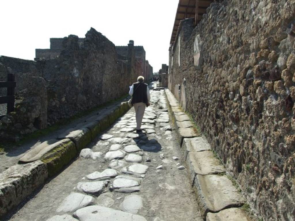 Vicolo di Mercurio. March 2009. Looking west between VI.10 and VI.9, from crossroads with Vicolo del Fauno towards junction with Via di Mercurio.