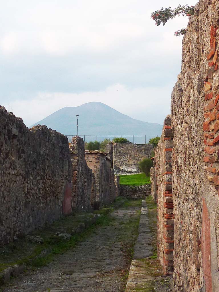Vicolo di Modesto. November 2021. 
Looking north from between VI.5.9 and 8, on right, with VI.2, on left. Photo courtesy of Hélène Dessales