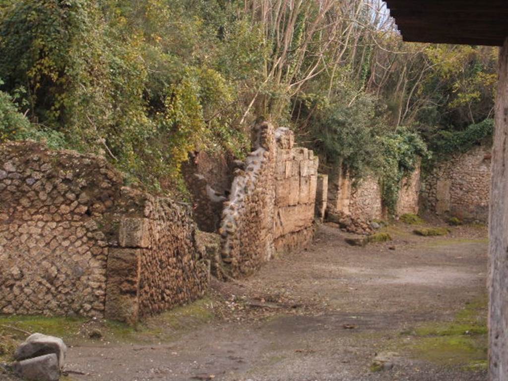 Vicolo di Paquius Proculus. December 2004. Looking south from junction with Via di Castricio towards I.19.