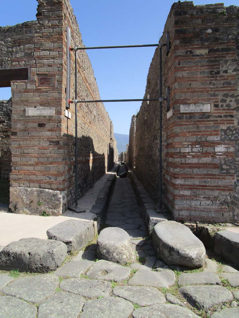 Vicolo di Tesmo, between IX.5 and IX.4.  Pompeii. April 2019. Looking south from junction with Via di Nola. 
Photo courtesy of Rick Bauer.