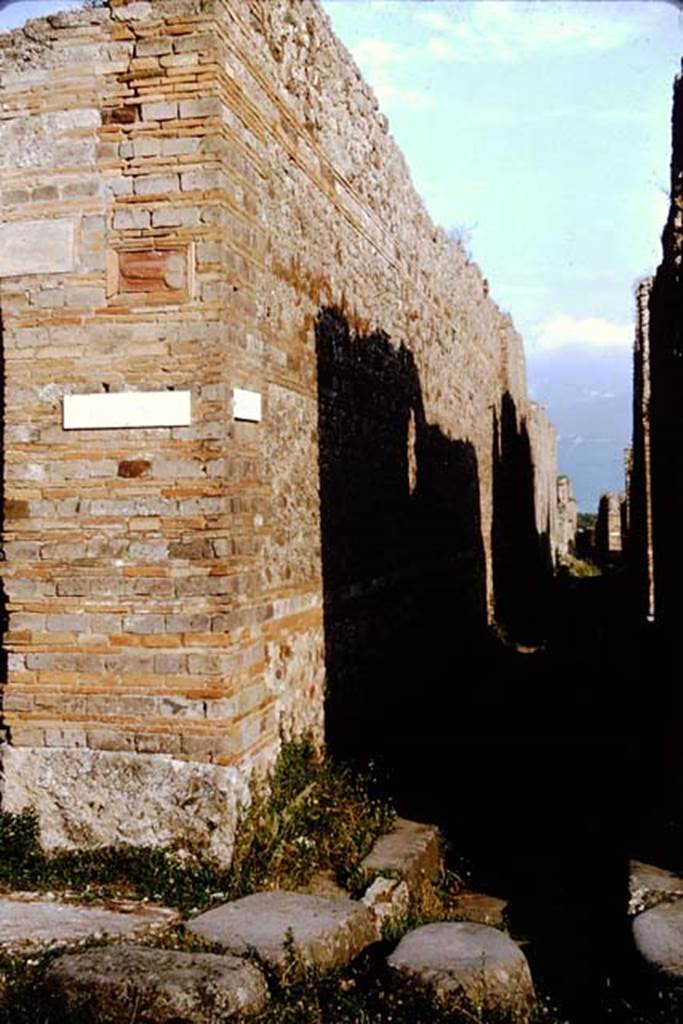 Vicolo di Tesmo, Pompeii. 1964. Looking south from Via di Nola along east side, between IX.5 and IX.4.  Photo by Stanley A. Jashemski.
Source: The Wilhelmina and Stanley A. Jashemski archive in the University of Maryland Library, Special Collections (See collection page) and made available under the Creative Commons Attribution-Non Commercial License v.4. See Licence and use details.
J64f1253